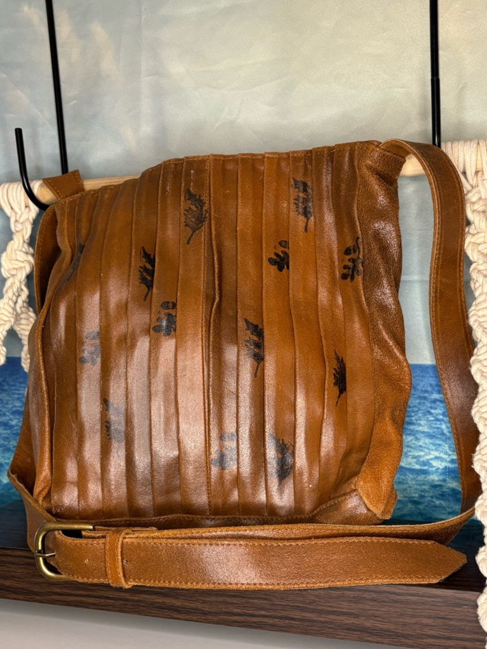 Genuine Brown Leather with Painted Black Leaf Accordion Crossbody Satchel Purse